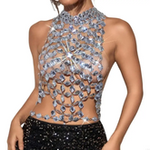 Beyprern-Camiseta sin mangas plateada con cuello Halter, corpiño con diamantes brillantes, Top corto con lentejuelas de Metal y espalda descubierta, chaleco para discoteca, trajes de Festival