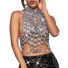 Beyprern-Camiseta sin mangas plateada con cuello Halter, corpiño con diamantes brillantes, Top corto con lentejuelas de Metal y espalda descubierta, chaleco para discoteca, trajes de Festival