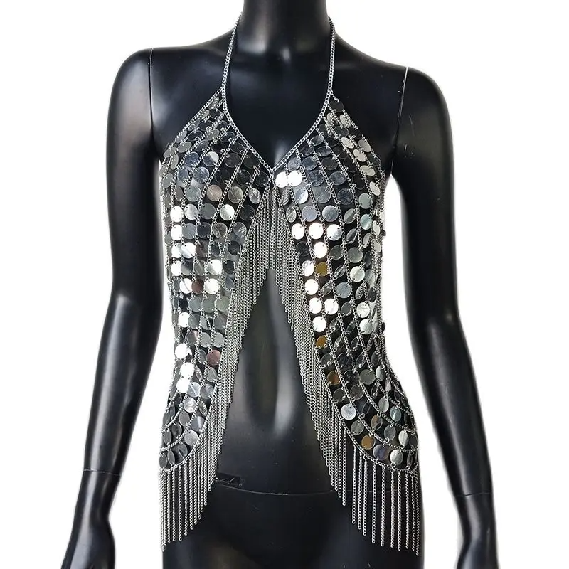 Beyprern-Camiseta sin mangas plateada con cuello Halter, corpiño con diamantes brillantes, Top corto con lentejuelas de Metal y espalda descubierta, chaleco para discoteca, trajes de Festival