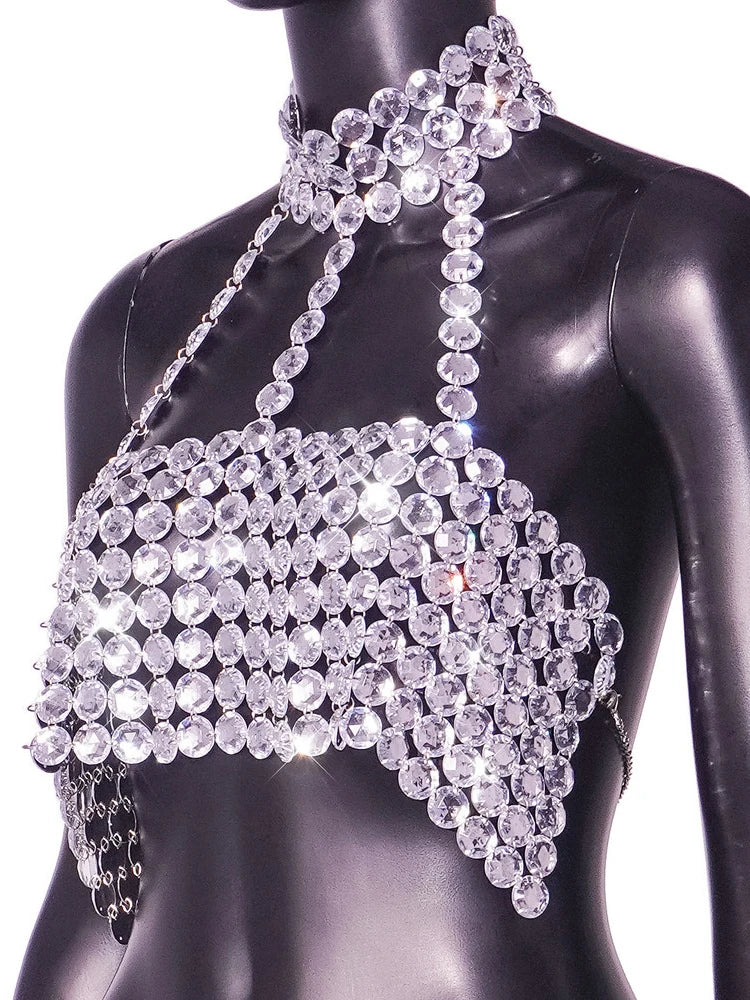 Beyprern-Camiseta sin mangas plateada con cuello Halter, corpiño con diamantes brillantes, Top corto con lentejuelas de Metal y espalda descubierta, chaleco para discoteca, trajes de Festival