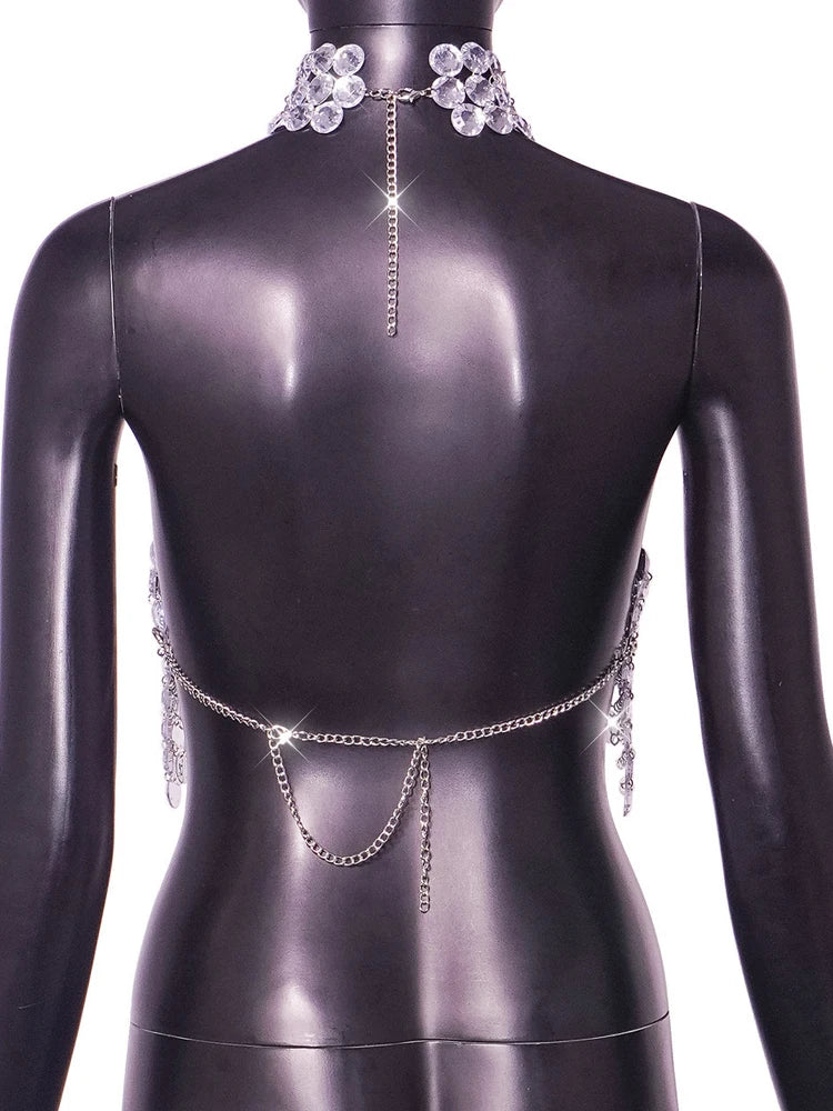 Beyprern-Camiseta sin mangas plateada con cuello Halter, corpiño con diamantes brillantes, Top corto con lentejuelas de Metal y espalda descubierta, chaleco para discoteca, trajes de Festival