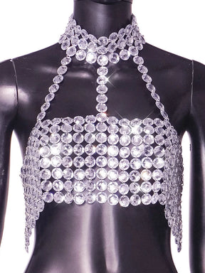 Beyprern-Camiseta sin mangas plateada con cuello Halter, corpiño con diamantes brillantes, Top corto con lentejuelas de Metal y espalda descubierta, chaleco para discoteca, trajes de Festival