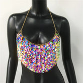 Beyprern-Camiseta sin mangas plateada con cuello Halter, corpiño con diamantes brillantes, Top corto con lentejuelas de Metal y espalda descubierta, chaleco para discoteca, trajes de Festival