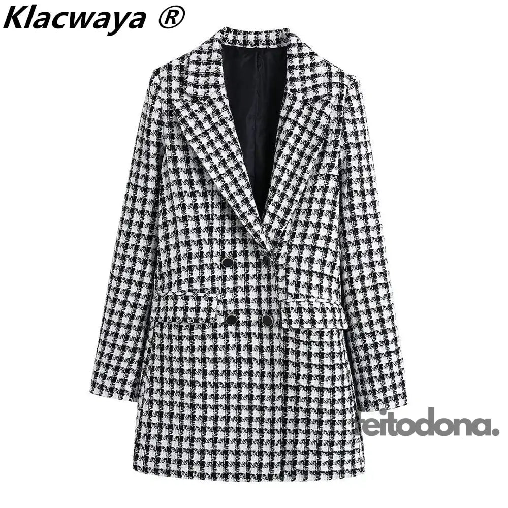 Klacwaya Blazer Jackets For Women 2021 Za Suit Tweed Femme Plaid Winter Clothes Double Breasted