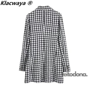 Klacwaya Blazer Jackets For Women 2021 Za Suit Tweed Femme Plaid Winter Clothes Double Breasted