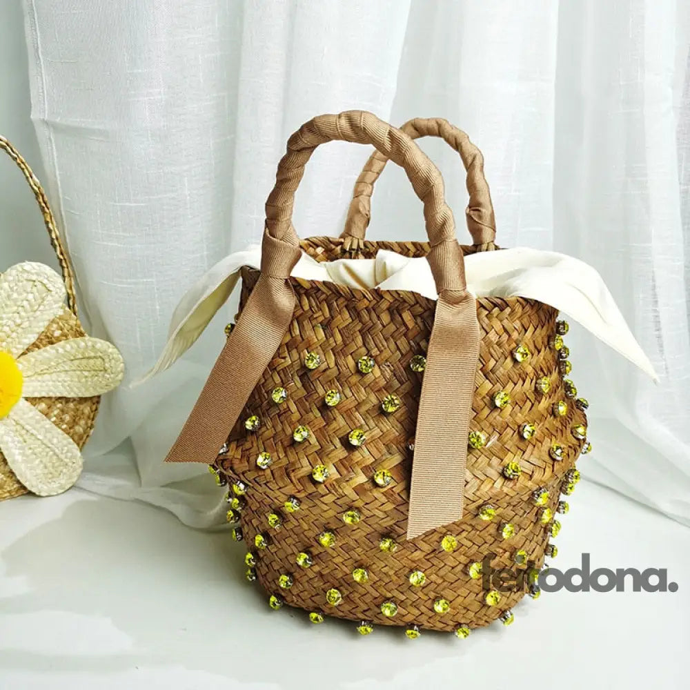 Bolsa De Praia Long Beach Alça Bege Com Cristal Amarelo / P 19X17 100002856