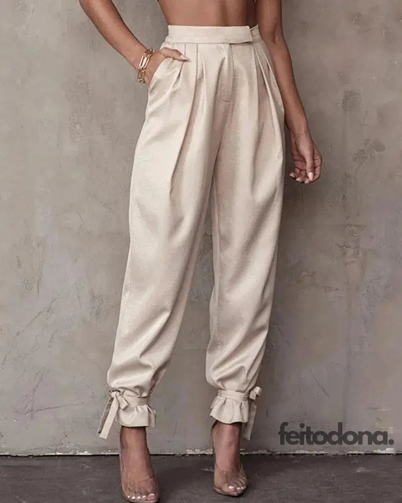 2023 Summer Satin High Waist Women Harem Pants Fashion Pockets Loose Casual Pleated Pencil Trousers