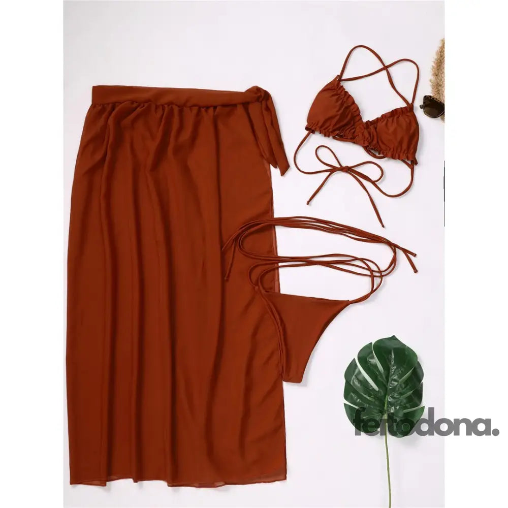 Conjunto Biquíni + Saia Lucille Marrom / P