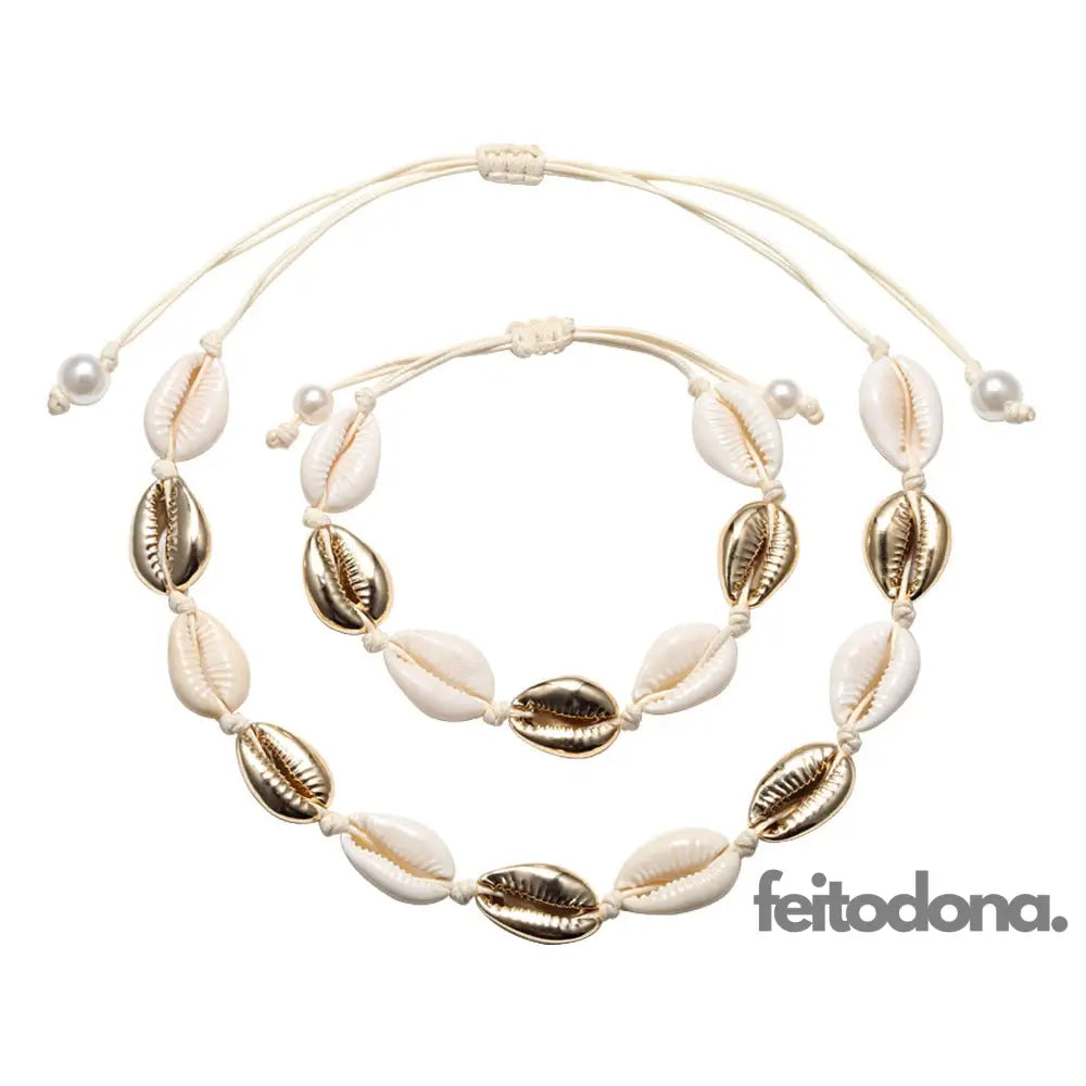 Conjunto Colar E Bracelete De Concha Dourado Com Liga Branca 200000162