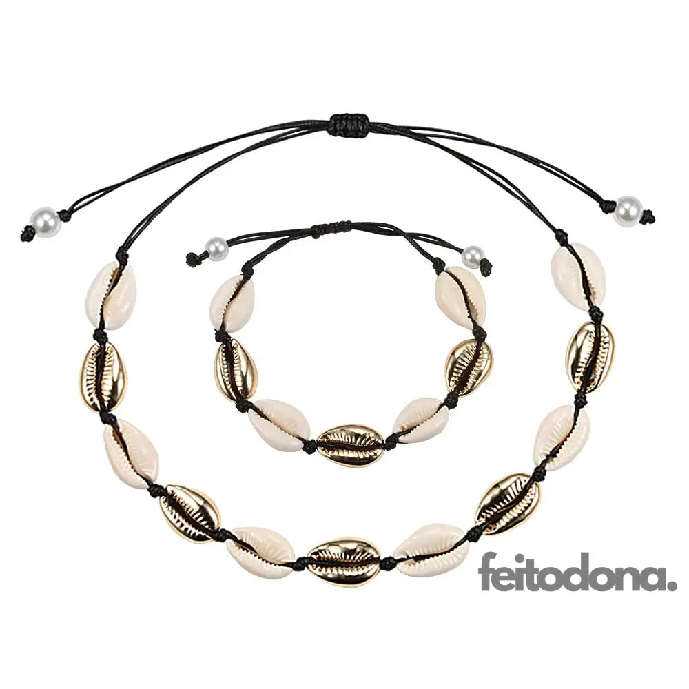 Conjunto Colar E Bracelete De Concha Dourado Com Liga Preta 200000162