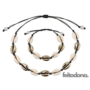 Conjunto Colar E Bracelete De Concha Dourado Com Liga Preta 200000162