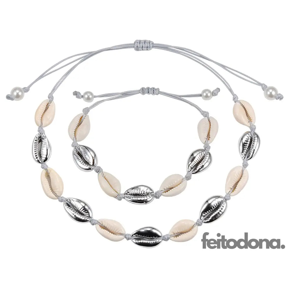 Conjunto Colar E Bracelete De Concha Prata Com Liga Cinza 200000162