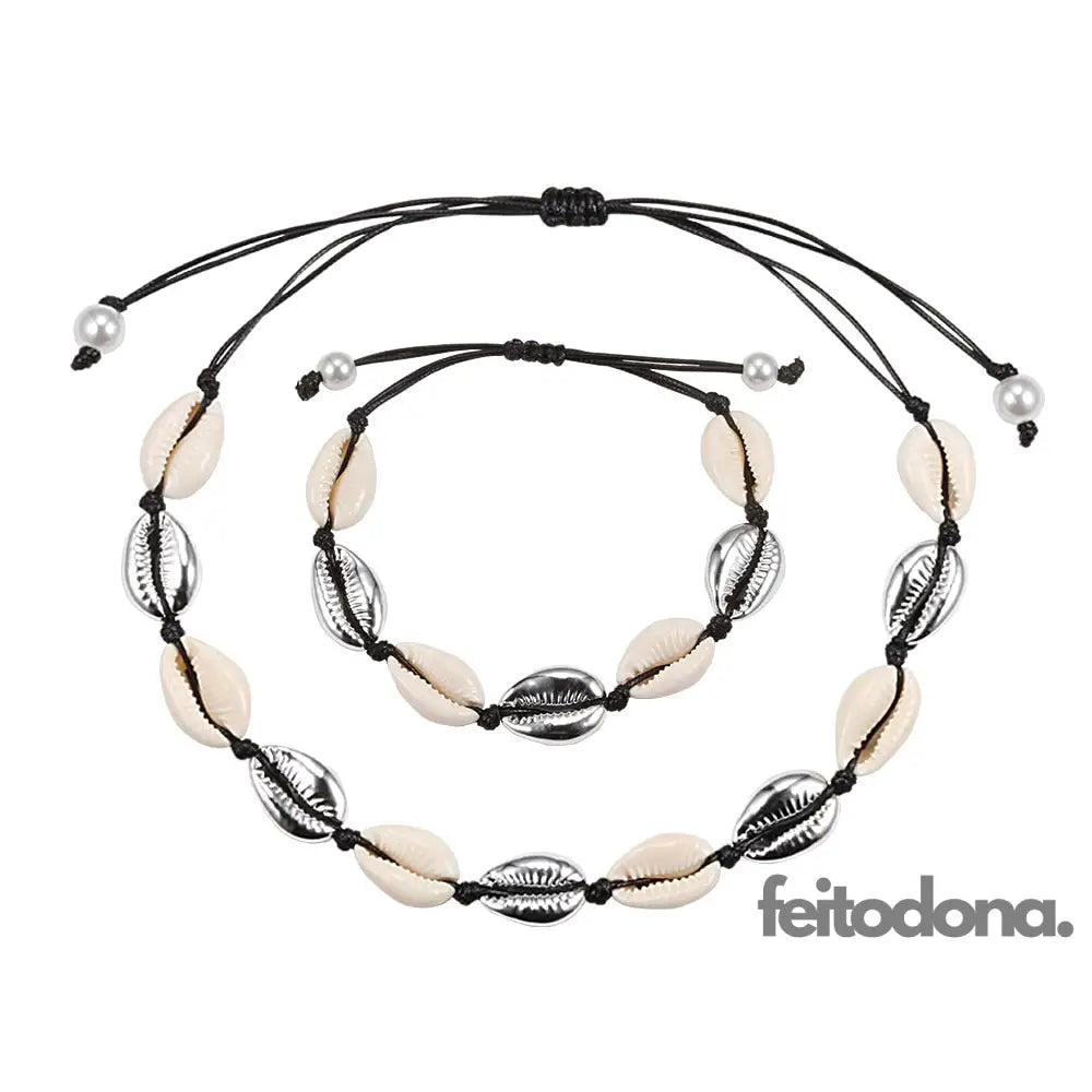 Conjunto Colar E Bracelete De Concha Prata Com Liga Preta 200000162