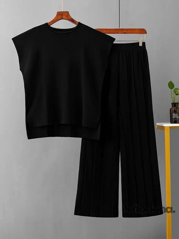 Casual Sleepwear Women Wide Leg Pants Suit Female Loose O Neck Sleeveless Sweater Top+Knitted