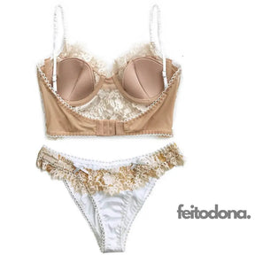 Conjunto Mariah Rendado E Forrado Branco Calcinha Larga / P