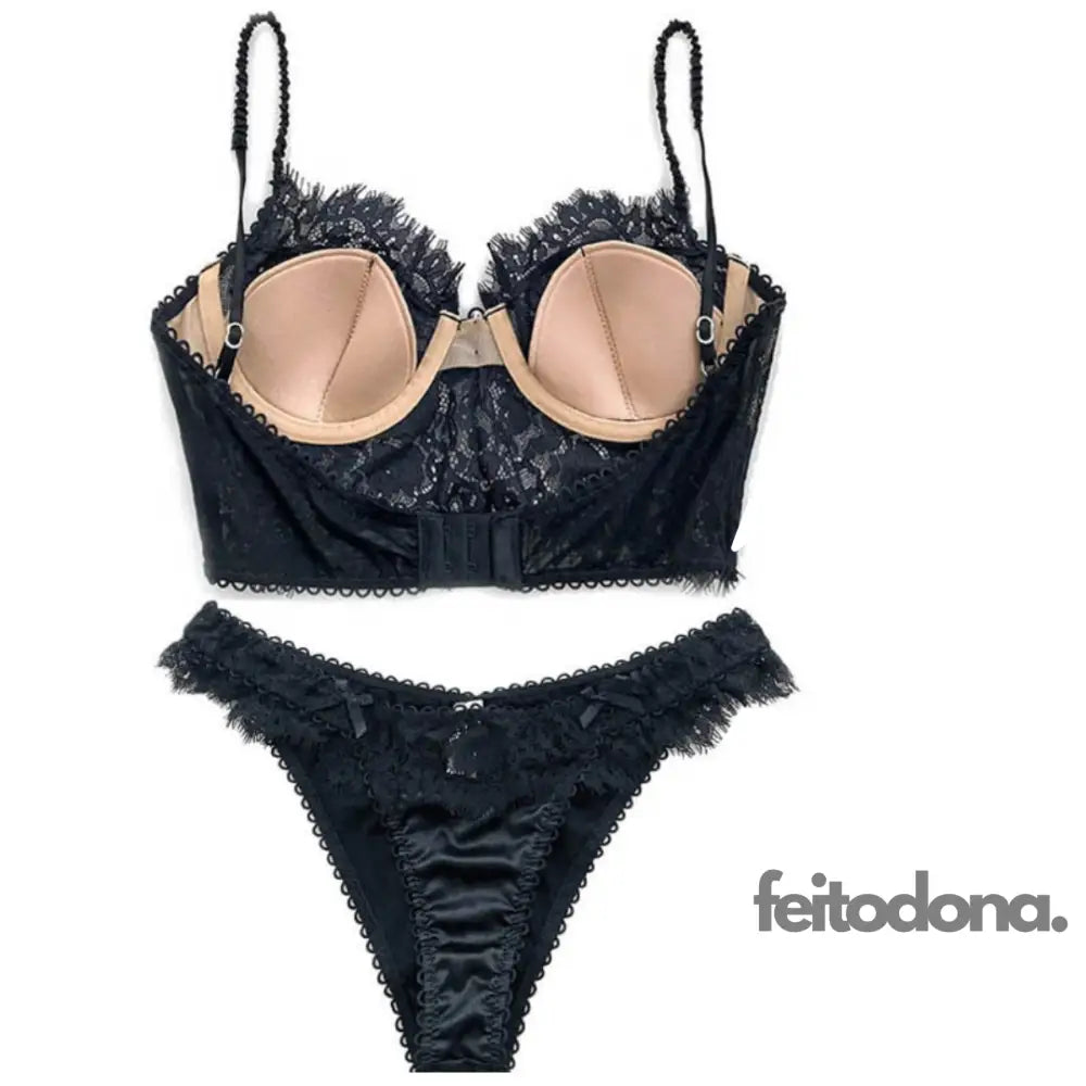 Conjunto Mariah Rendado E Forrado Preto Calcinha Larga / P