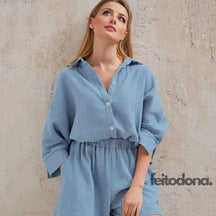 Cotton Pajamas For Women Sets Suit Casual Sleepwear Turn-Down Collar Nine Quarter Sleeve Sleep Tops