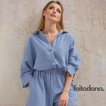 Cotton Pajamas For Women Sets Suit Casual Sleepwear Turn-Down Collar Nine Quarter Sleeve Sleep Tops