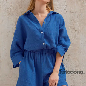 Cotton Pajamas For Women Sets Suit Casual Sleepwear Turn-Down Collar Nine Quarter Sleeve Sleep Tops