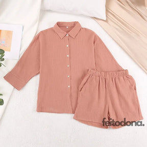 Cotton Pajamas For Women Sets Suit Casual Sleepwear Turn-Down Collar Nine Quarter Sleeve Sleep Tops