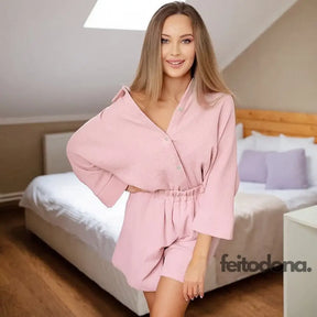 Cotton Pajamas For Women Sets Suit Casual Sleepwear Turn-Down Collar Nine Quarter Sleeve Sleep Tops