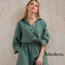 Cotton Pajamas For Women Sets Suit Casual Sleepwear Turn-Down Collar Nine Quarter Sleeve Sleep Tops