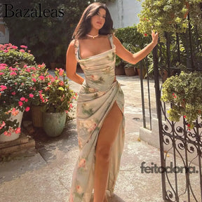 Bazaleas Elegant Floral Print 2 Piece Dress Sets Summer Fashion Beach Vacation Split Maxi Dresses