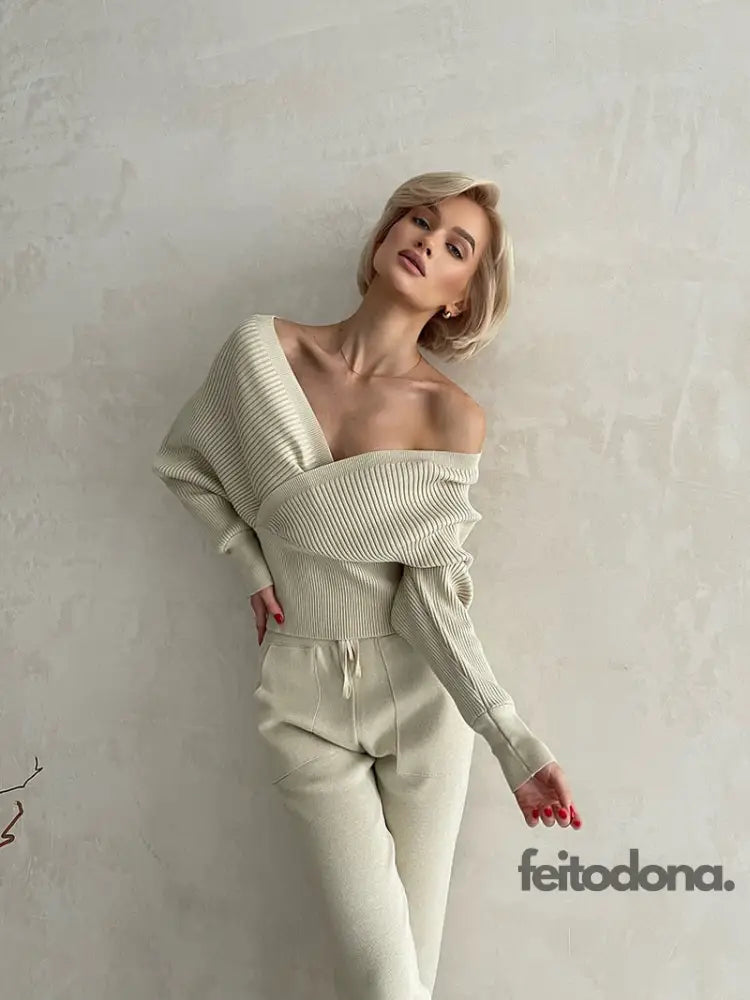 Sexy Off Shoulder Knitted Two Piece Set Women Long Sleeve Sport Tracksuit 2 Sweater Pants Suits