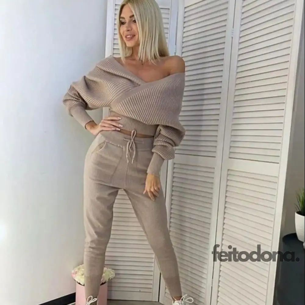 Sexy Off Shoulder Knitted Two Piece Set Women Long Sleeve Sport Tracksuit 2 Sweater Pants Suits