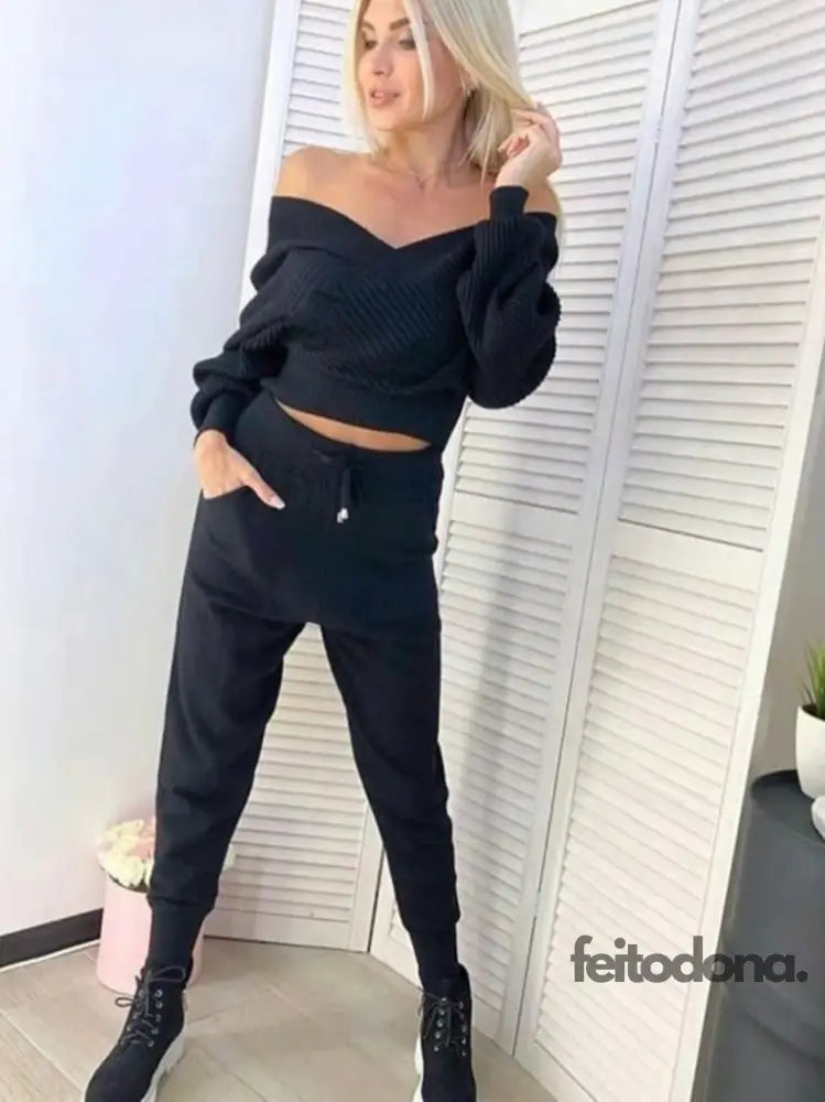 Sexy Off Shoulder Knitted Two Piece Set Women Long Sleeve Sport Tracksuit 2 Sweater Pants Suits