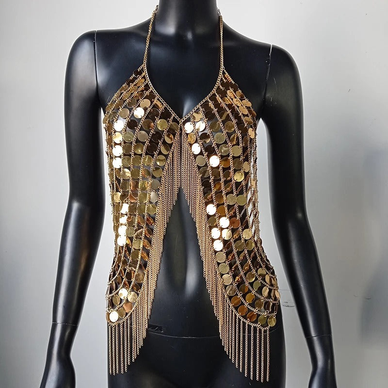 Beyprern-Camiseta sin mangas plateada con cuello Halter, corpiño con diamantes brillantes, Top corto con lentejuelas de Metal y espalda descubierta, chaleco para discoteca, trajes de Festival