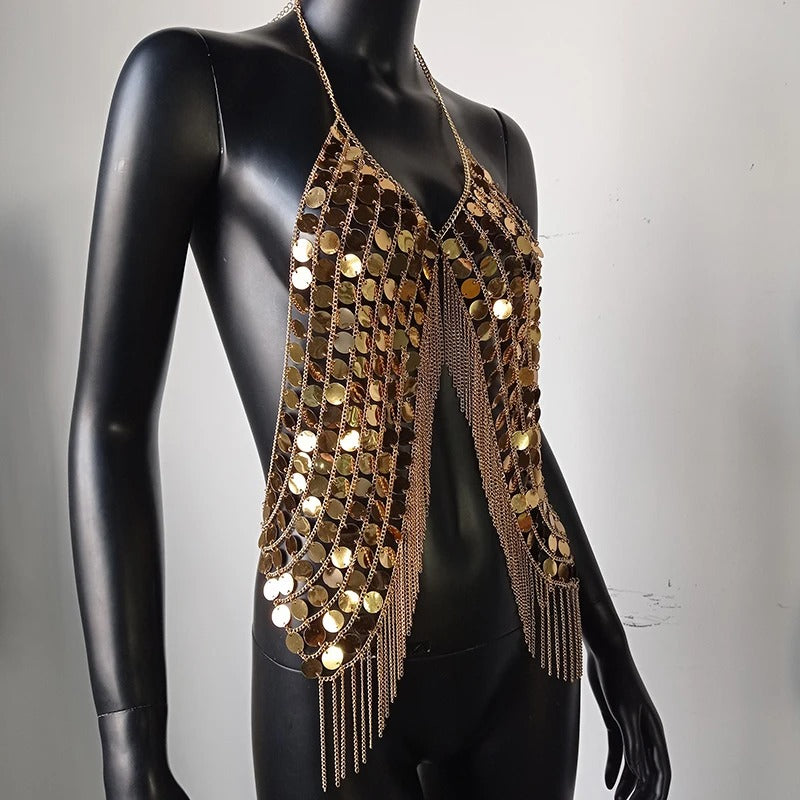 Beyprern-Camiseta sin mangas plateada con cuello Halter, corpiño con diamantes brillantes, Top corto con lentejuelas de Metal y espalda descubierta, chaleco para discoteca, trajes de Festival