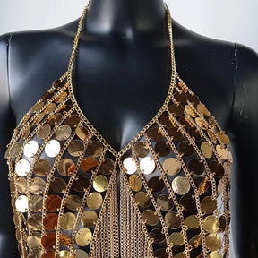 Beyprern-Camiseta sin mangas plateada con cuello Halter, corpiño con diamantes brillantes, Top corto con lentejuelas de Metal y espalda descubierta, chaleco para discoteca, trajes de Festival