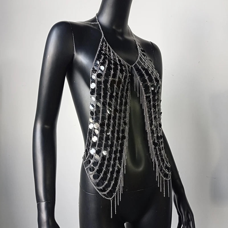 Beyprern-Camiseta sin mangas plateada con cuello Halter, corpiño con diamantes brillantes, Top corto con lentejuelas de Metal y espalda descubierta, chaleco para discoteca, trajes de Festival