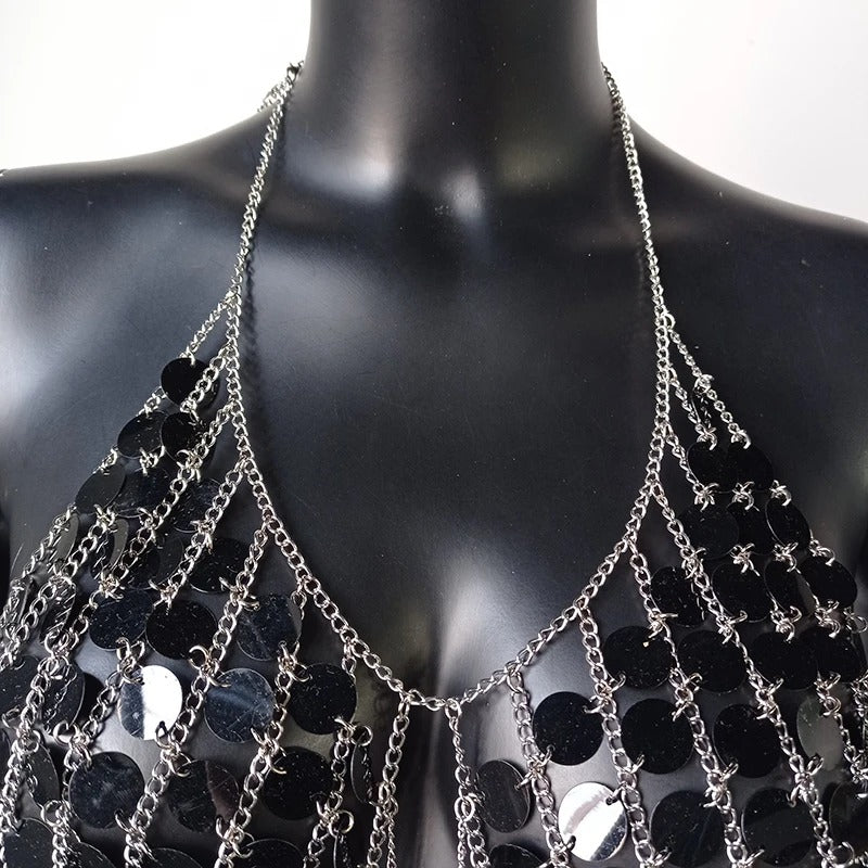 Beyprern-Camiseta sin mangas plateada con cuello Halter, corpiño con diamantes brillantes, Top corto con lentejuelas de Metal y espalda descubierta, chaleco para discoteca, trajes de Festival