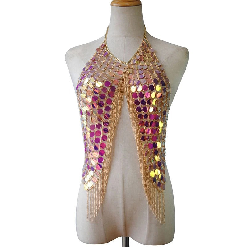 Beyprern-Camiseta sin mangas plateada con cuello Halter, corpiño con diamantes brillantes, Top corto con lentejuelas de Metal y espalda descubierta, chaleco para discoteca, trajes de Festival