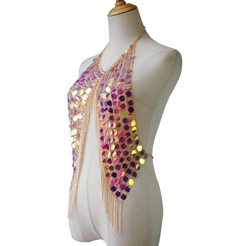 Beyprern-Camiseta sin mangas plateada con cuello Halter, corpiño con diamantes brillantes, Top corto con lentejuelas de Metal y espalda descubierta, chaleco para discoteca, trajes de Festival