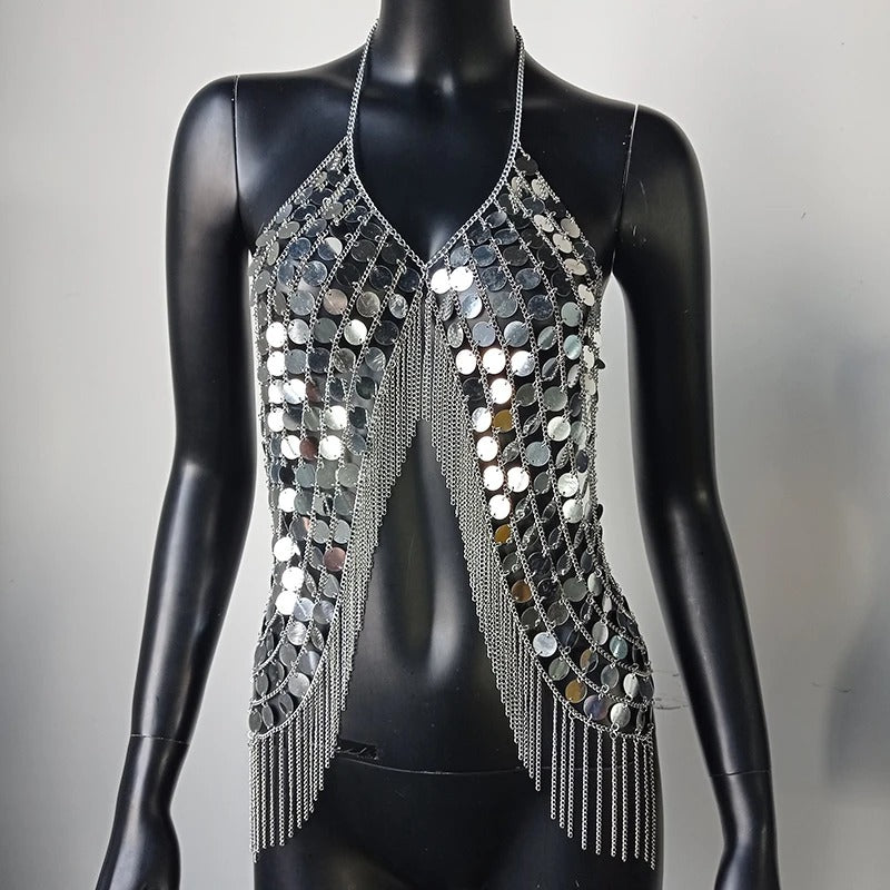 Beyprern-Camiseta sin mangas plateada con cuello Halter, corpiño con diamantes brillantes, Top corto con lentejuelas de Metal y espalda descubierta, chaleco para discoteca, trajes de Festival