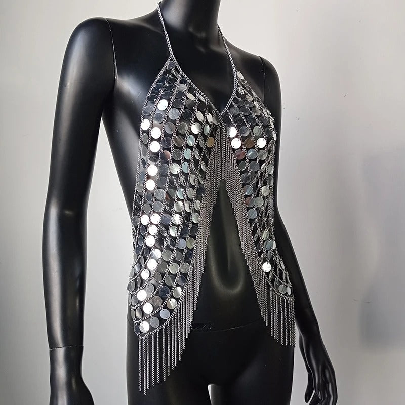 Beyprern-Camiseta sin mangas plateada con cuello Halter, corpiño con diamantes brillantes, Top corto con lentejuelas de Metal y espalda descubierta, chaleco para discoteca, trajes de Festival