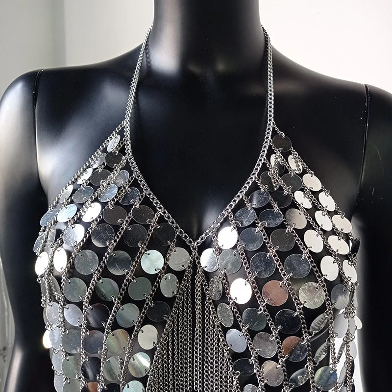 Beyprern-Camiseta sin mangas plateada con cuello Halter, corpiño con diamantes brillantes, Top corto con lentejuelas de Metal y espalda descubierta, chaleco para discoteca, trajes de Festival