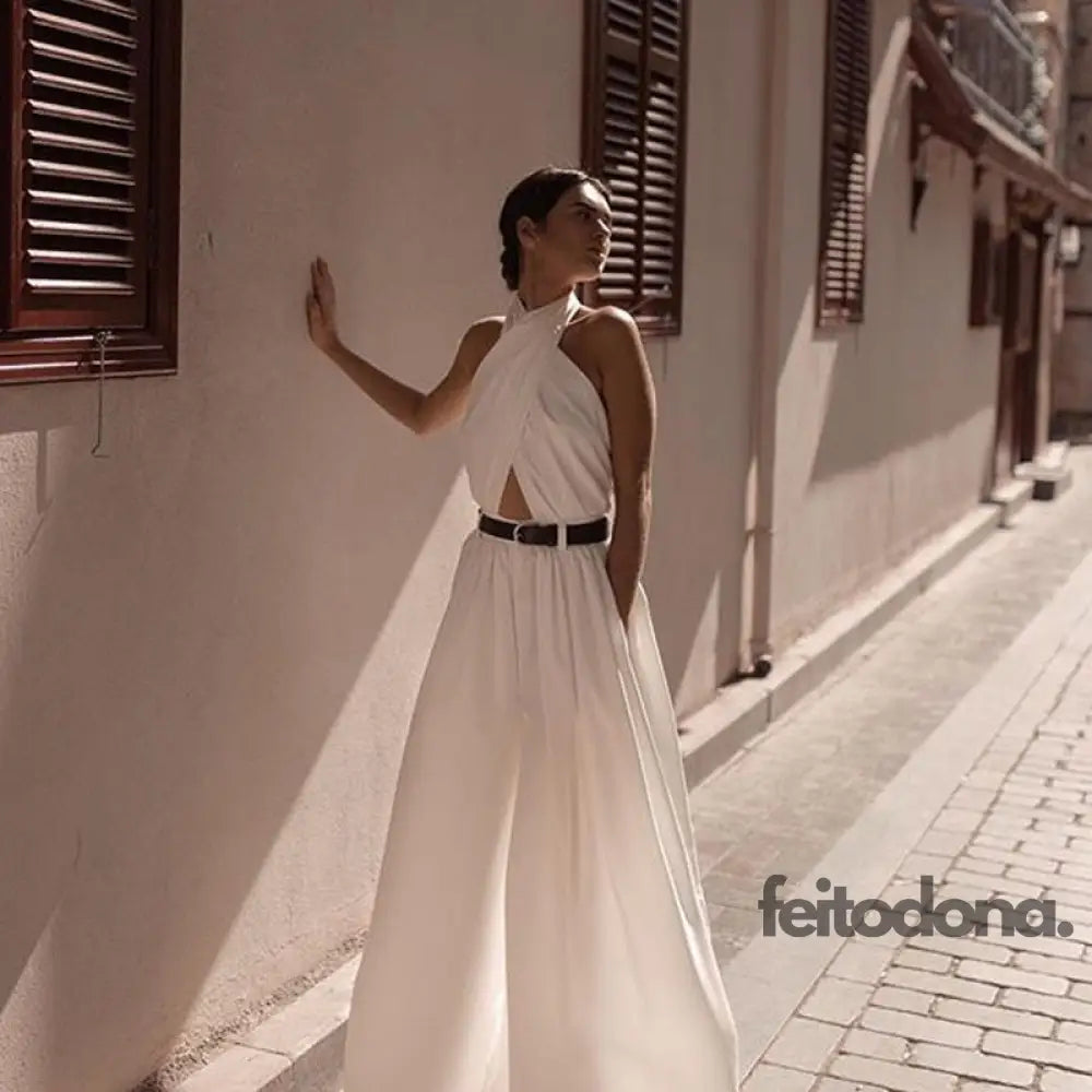 2021 Summer Womens Jumpsuit Sexy Sleeveless Halter White Backless Pants Temperament Elegant Wide Leg