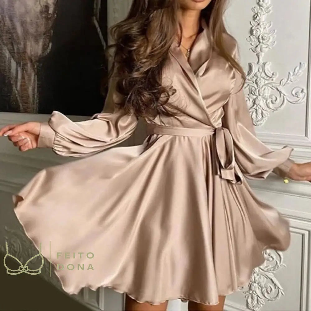 Moarcho Women Sexy V-Neck Cross Dress Satin Elegant Lantern Sleeve A-Line Club Party Dresses For