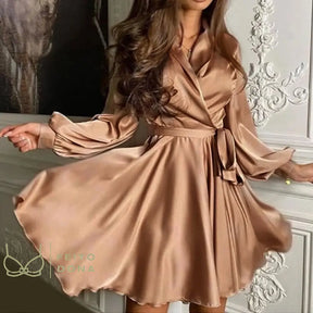 Moarcho Women Sexy V-Neck Cross Dress Satin Elegant Lantern Sleeve A-Line Club Party Dresses For