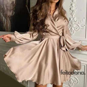 Moarcho Women Sexy V-Neck Cross Dress Satin Elegant Lantern Sleeve A-Line Club Party Dresses For