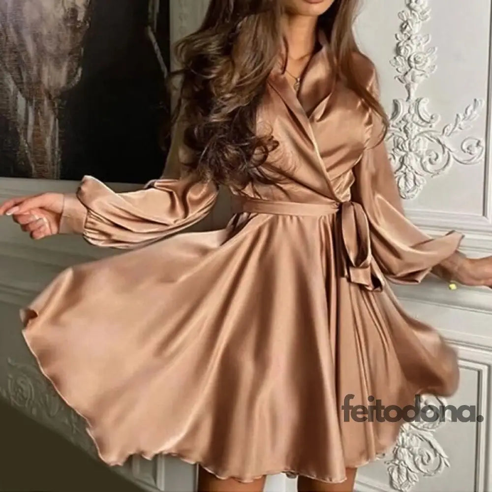 Moarcho Women Sexy V-Neck Cross Dress Satin Elegant Lantern Sleeve A-Line Club Party Dresses For