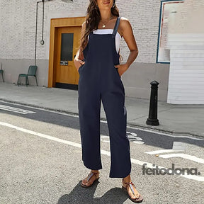 Women Sleeveless Cotton Linen Bib Jumpsuit Baggy Capri Casual Playsuits With Pockets Ribbed For