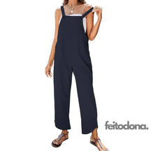 Women Sleeveless Cotton Linen Bib Jumpsuit Baggy Capri Casual Playsuits With Pockets Ribbed For