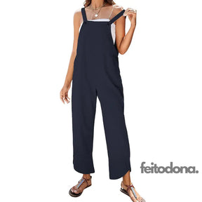 Women Sleeveless Cotton Linen Bib Jumpsuit Baggy Capri Casual Playsuits With Pockets Ribbed For