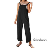 Women Sleeveless Cotton Linen Bib Jumpsuit Baggy Capri Casual Playsuits With Pockets Ribbed For