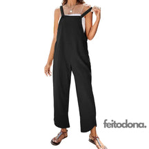 Women Sleeveless Cotton Linen Bib Jumpsuit Baggy Capri Casual Playsuits With Pockets Ribbed For